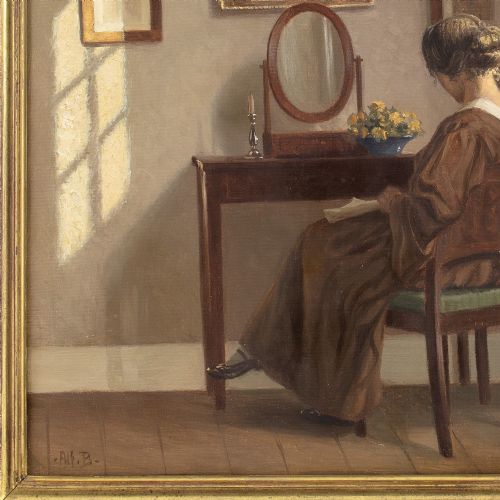 ALFRED BROGE INTERIOR WITH WOMAN DRESSING TABLE ANTIQUE OIL PAINTING - ADDITIONAL PHOTO 7