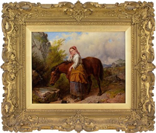 isaac henzell rba the watering place antique oil painting - CATEGORY: ANTIQUE ART - DATED 1870