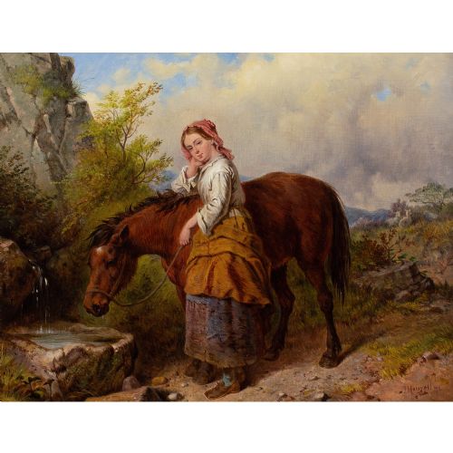 ISAAC HENZELL RBA THE WATERING PLACE ANTIQUE OIL PAINTING - ADDITIONAL PHOTO 1