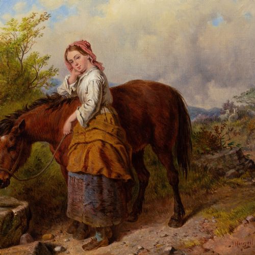 ISAAC HENZELL RBA THE WATERING PLACE ANTIQUE OIL PAINTING - ADDITIONAL PHOTO 5