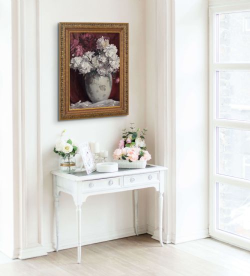 KARL HAYD STILL LIFE WITH PEONIES VASE OIL PAINTING - ADDITIONAL PHOTO 3