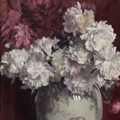 KARL HAYD STILL LIFE WITH PEONIES VASE OIL PAINTING - ADDITIONAL PHOTO 4