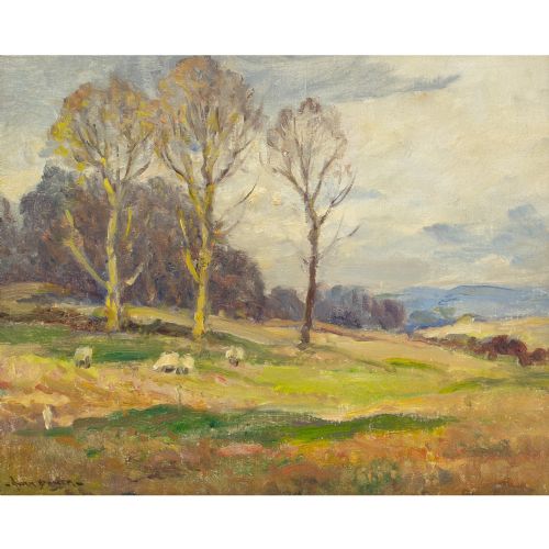 OWEN BOWEN ROI RCA UPLAND LANDSCAPE WITH SHEEP AUTUMN ANTIQUE PAINTING - ADDITIONAL PHOTO 2
