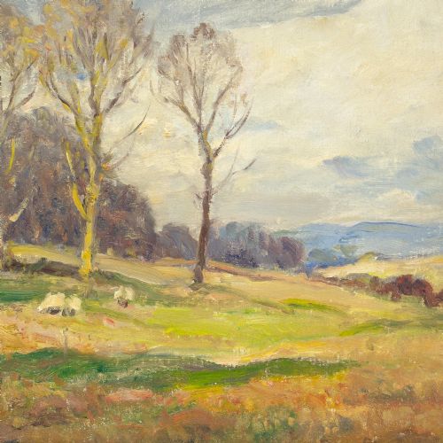OWEN BOWEN ROI RCA UPLAND LANDSCAPE WITH SHEEP AUTUMN ANTIQUE PAINTING - ADDITIONAL PHOTO 4