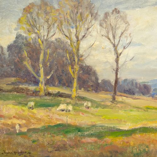 OWEN BOWEN ROI RCA UPLAND LANDSCAPE WITH SHEEP AUTUMN ANTIQUE PAINTING - ADDITIONAL PHOTO 5