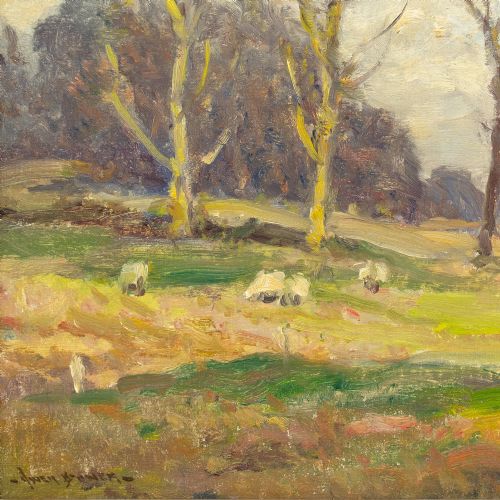 OWEN BOWEN ROI RCA UPLAND LANDSCAPE WITH SHEEP AUTUMN ANTIQUE PAINTING - ADDITIONAL PHOTO 7