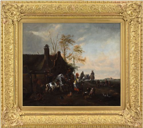 philips wouwerman follower a dappled horse outside the smithy antique oil painting - CATEGORY: ANTIQUE ART - DATED 1700