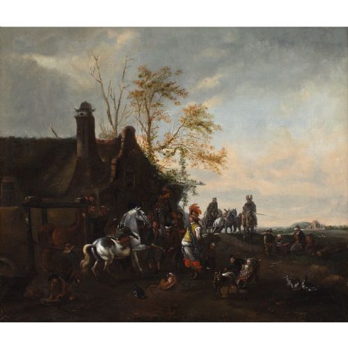 PHILIPS WOUWERMAN FOLLOWER A DAPPLED HORSE OUTSIDE THE SMITHY ANTIQUE OIL PAINTING - ADDITIONAL PHOTO 1