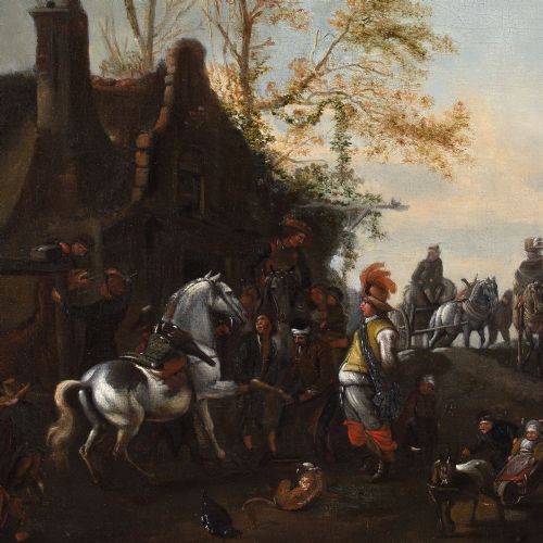 PHILIPS WOUWERMAN FOLLOWER A DAPPLED HORSE OUTSIDE THE SMITHY ANTIQUE OIL PAINTING - ADDITIONAL PHOTO 5