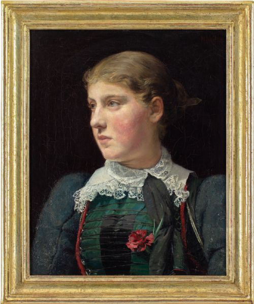 late 19thcentury german school portrait of a girl with a red carnation antique oil painting - CATEGORY: ANTIQUE ART - DATED 1890