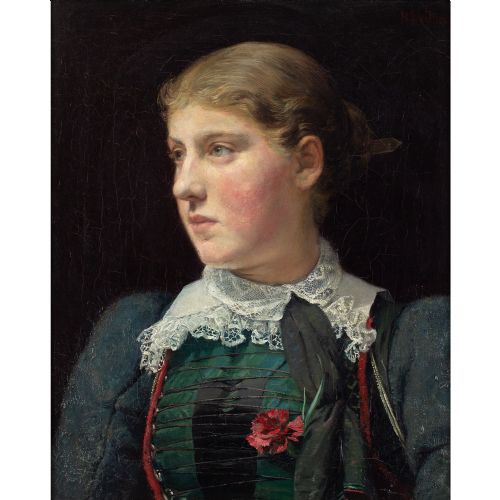 LATE 19THCENTURY GERMAN SCHOOL PORTRAIT OF A GIRL WITH A RED CARNATION ANTIQUE OIL PAINTING - ADDITIONAL PHOTO 2