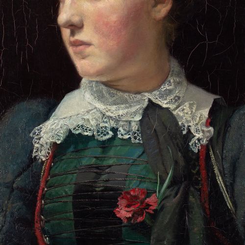 LATE 19THCENTURY GERMAN SCHOOL PORTRAIT OF A GIRL WITH A RED CARNATION ANTIQUE OIL PAINTING - ADDITIONAL PHOTO 5