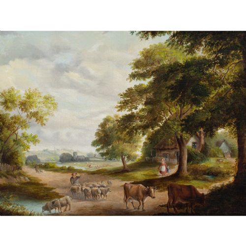fig 1. Mid-19th-Century English School, Rural Scene With Family, Cattle & Cottage - Antique Oil Painting