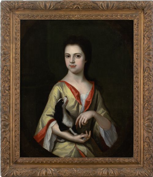 charles dagar circle portrait of a young lady with a spaniel antique oil painting - CATEGORY: ANTIQUE ART - DATED 1700