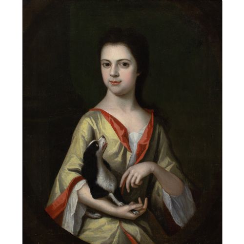 CHARLES DAGAR CIRCLE PORTRAIT OF A YOUNG LADY WITH A SPANIEL ANTIQUE OIL PAINTING - ADDITIONAL PHOTO 2