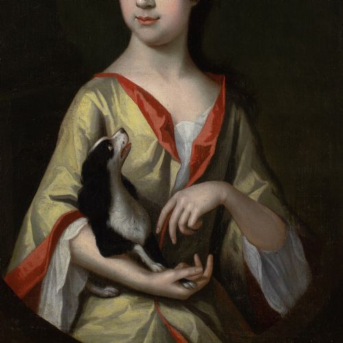 CHARLES DAGAR CIRCLE PORTRAIT OF A YOUNG LADY WITH A SPANIEL ANTIQUE OIL PAINTING - ADDITIONAL PHOTO 5