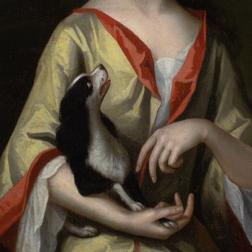CHARLES DAGAR CIRCLE PORTRAIT OF A YOUNG LADY WITH A SPANIEL ANTIQUE OIL PAINTING - ADDITIONAL PHOTO 7