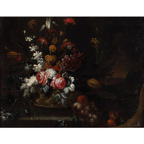 GIUSEPPE VINCENZINO CIRCLE STILL LIFE WITH BASKET FLOWERS FRUIT ON A STONE LEDGE ANTIQUE OIL PAINTING - ADDITIONAL PHOTO 2