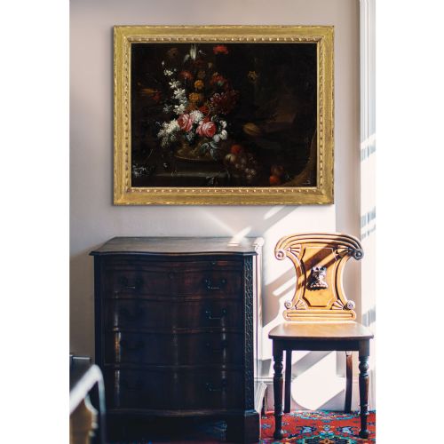 GIUSEPPE VINCENZINO CIRCLE STILL LIFE WITH BASKET FLOWERS FRUIT ON A STONE LEDGE ANTIQUE OIL PAINTING - ADDITIONAL PHOTO 1