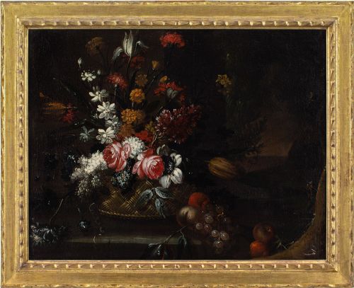 giuseppe vincenzino circle still life with basket flowers fruit on a stone ledge antique oil painting - CATEGORY: ANTIQUE ART - DATED 17TH CENTURY