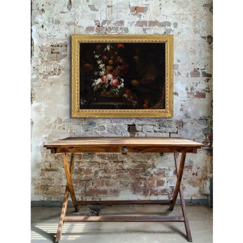 GIUSEPPE VINCENZINO CIRCLE STILL LIFE WITH BASKET FLOWERS FRUIT ON A STONE LEDGE ANTIQUE OIL PAINTING - ADDITIONAL PHOTO 3