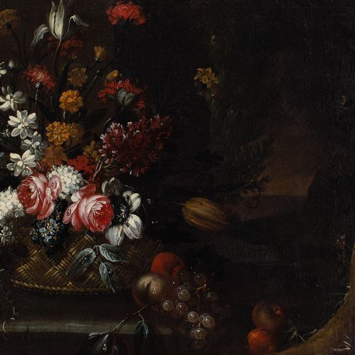 GIUSEPPE VINCENZINO CIRCLE STILL LIFE WITH BASKET FLOWERS FRUIT ON A STONE LEDGE ANTIQUE OIL PAINTING - ADDITIONAL PHOTO 4