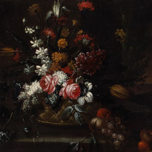 GIUSEPPE VINCENZINO CIRCLE STILL LIFE WITH BASKET FLOWERS FRUIT ON A STONE LEDGE ANTIQUE OIL PAINTING - ADDITIONAL PHOTO 5