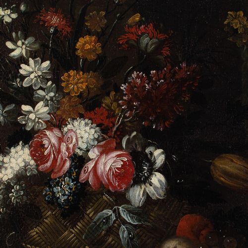 GIUSEPPE VINCENZINO CIRCLE STILL LIFE WITH BASKET FLOWERS FRUIT ON A STONE LEDGE ANTIQUE OIL PAINTING - ADDITIONAL PHOTO 6