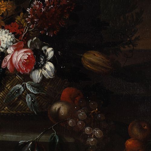 GIUSEPPE VINCENZINO CIRCLE STILL LIFE WITH BASKET FLOWERS FRUIT ON A STONE LEDGE ANTIQUE OIL PAINTING - ADDITIONAL PHOTO 7