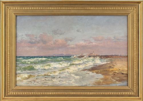 vilhelm arnesen coastal view with beach lighthouse antique oil painting - CATEGORY: ANTIQUE ART - DATED 1900