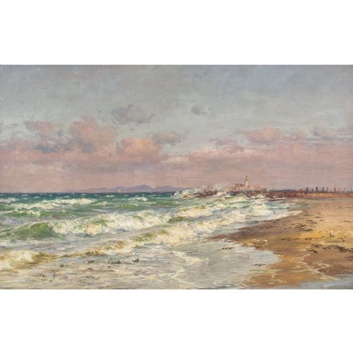 VILHELM ARNESEN COASTAL VIEW WITH BEACH LIGHTHOUSE ANTIQUE OIL PAINTING - ADDITIONAL PHOTO 1