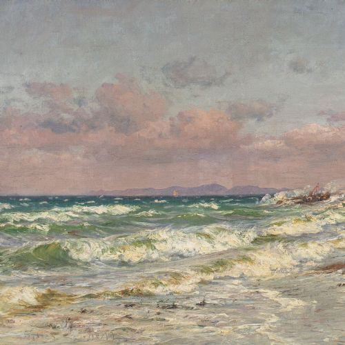 VILHELM ARNESEN COASTAL VIEW WITH BEACH LIGHTHOUSE ANTIQUE OIL PAINTING - ADDITIONAL PHOTO 4