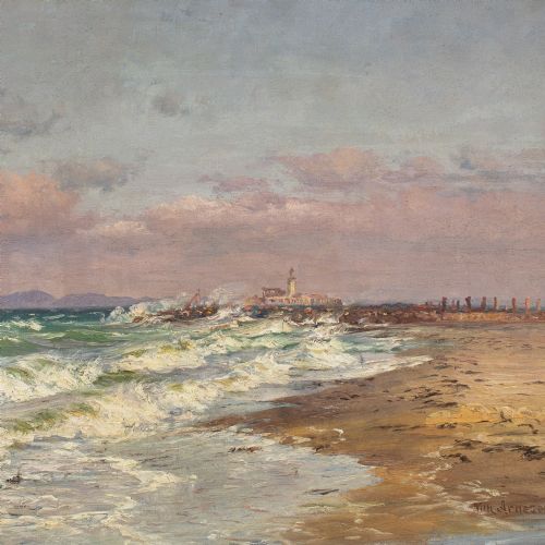 VILHELM ARNESEN COASTAL VIEW WITH BEACH LIGHTHOUSE ANTIQUE OIL PAINTING - ADDITIONAL PHOTO 5