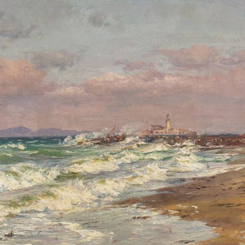 VILHELM ARNESEN COASTAL VIEW WITH BEACH LIGHTHOUSE ANTIQUE OIL PAINTING - ADDITIONAL PHOTO 6