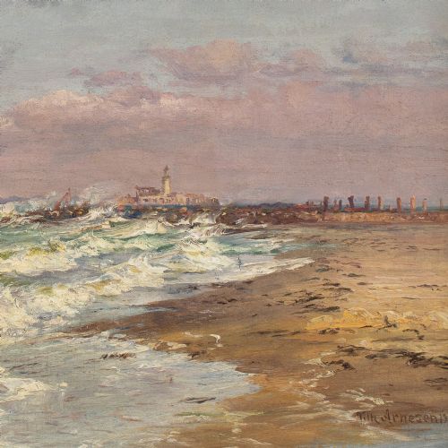 VILHELM ARNESEN COASTAL VIEW WITH BEACH LIGHTHOUSE ANTIQUE OIL PAINTING - ADDITIONAL PHOTO 7