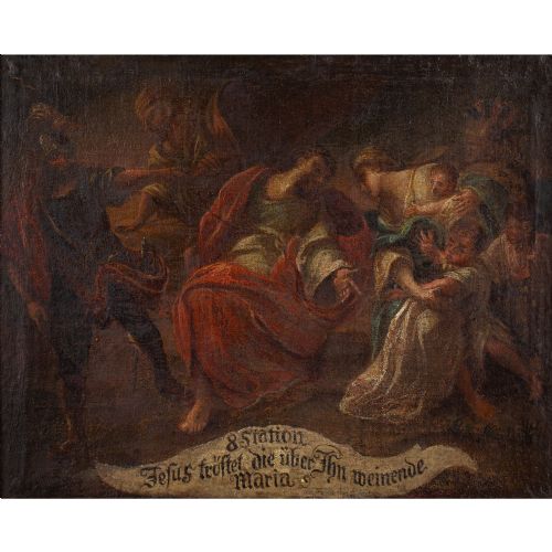 MID17THCENTURY GERMAN SCHOOL JESUS MEETS THE WOMEN OF JERUSALEM ANTIQUE OIL PAINTING - ADDITIONAL PHOTO 1