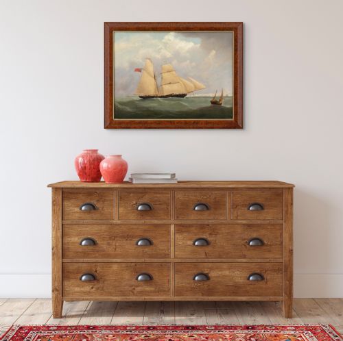 JOSEPH HEARD CIRCLE THE BRIGANTINE SHAMROCK ON CHOPPY WATERS ANTIQUE OIL PAINTING - ADDITIONAL PHOTO 2