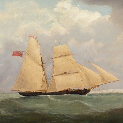 JOSEPH HEARD CIRCLE THE BRIGANTINE SHAMROCK ON CHOPPY WATERS ANTIQUE OIL PAINTING - ADDITIONAL PHOTO 3