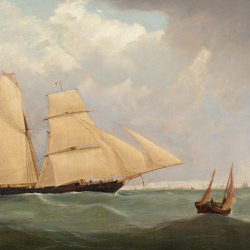 JOSEPH HEARD CIRCLE THE BRIGANTINE SHAMROCK ON CHOPPY WATERS ANTIQUE OIL PAINTING - ADDITIONAL PHOTO 4