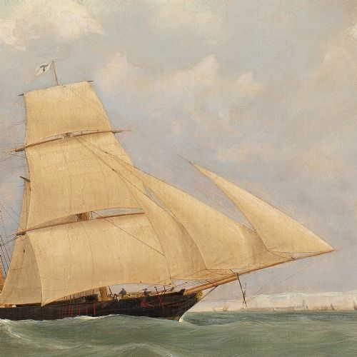 JOSEPH HEARD CIRCLE THE BRIGANTINE SHAMROCK ON CHOPPY WATERS ANTIQUE OIL PAINTING - ADDITIONAL PHOTO 5