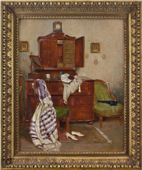 karl viktor mayr dressing room interior antique oil painting - CATEGORY: ANTIQUE ART - DATED 1920