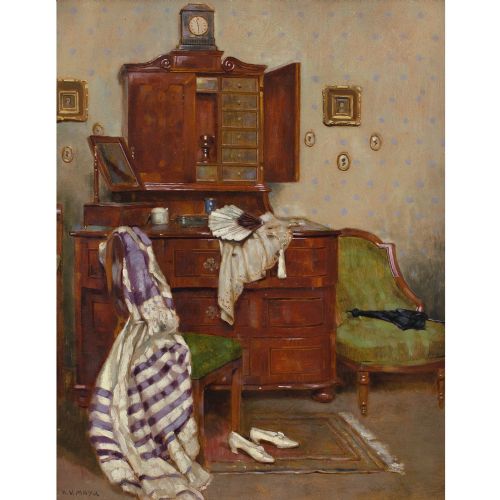 KARL VIKTOR MAYR DRESSING ROOM INTERIOR ANTIQUE OIL PAINTING - ADDITIONAL PHOTO 1