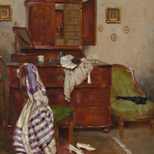 KARL VIKTOR MAYR DRESSING ROOM INTERIOR ANTIQUE OIL PAINTING - ADDITIONAL PHOTO 4