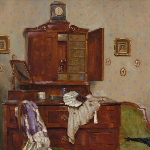 KARL VIKTOR MAYR DRESSING ROOM INTERIOR ANTIQUE OIL PAINTING - ADDITIONAL PHOTO 5