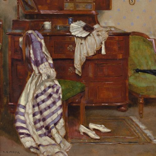 KARL VIKTOR MAYR DRESSING ROOM INTERIOR ANTIQUE OIL PAINTING - ADDITIONAL PHOTO 7