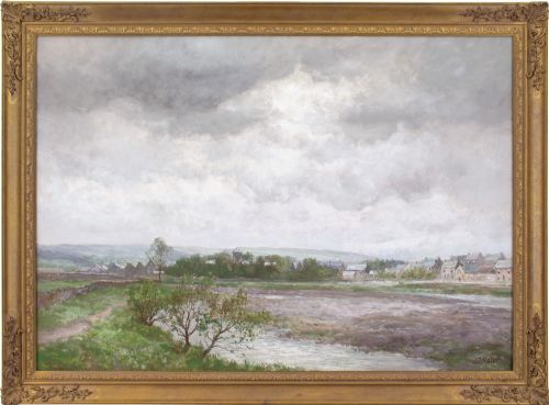 john falconar slater river landscape with town antique oil painting - CATEGORY: ANTIQUE ART - DATED 1920