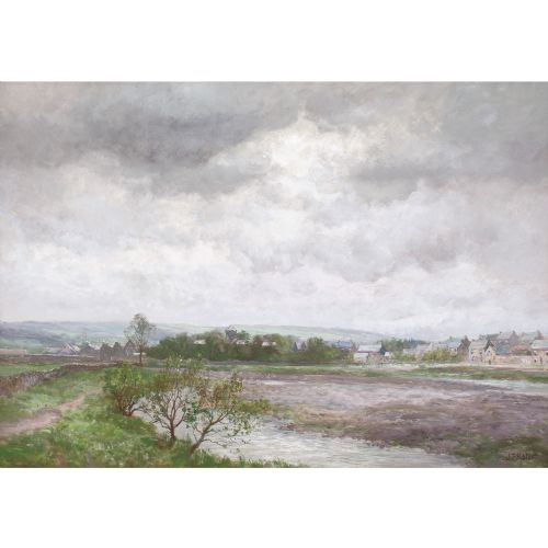 JOHN FALCONAR SLATER RIVER LANDSCAPE WITH TOWN ANTIQUE OIL PAINTING - ADDITIONAL PHOTO 1
