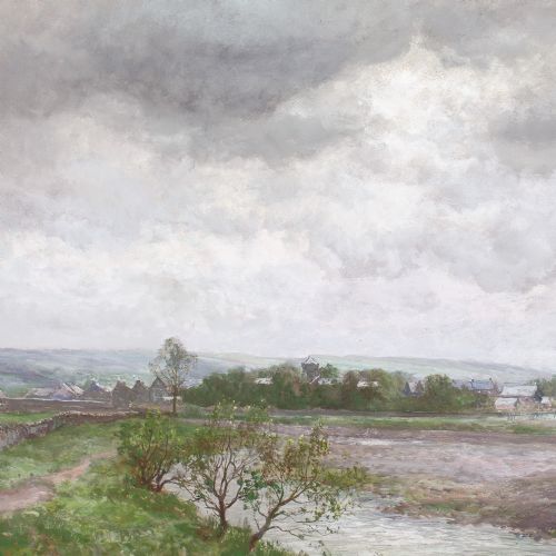 JOHN FALCONAR SLATER RIVER LANDSCAPE WITH TOWN ANTIQUE OIL PAINTING - ADDITIONAL PHOTO 4