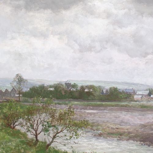 JOHN FALCONAR SLATER RIVER LANDSCAPE WITH TOWN ANTIQUE OIL PAINTING - ADDITIONAL PHOTO 5