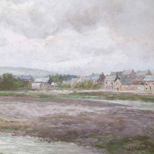 JOHN FALCONAR SLATER RIVER LANDSCAPE WITH TOWN ANTIQUE OIL PAINTING - ADDITIONAL PHOTO 7